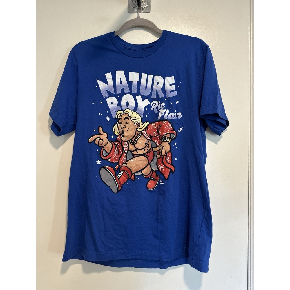 WWE Ric Flair Nature Boy Cartoon Graphic Tee Sz:L Blue Wrestling Cotton Shirt
